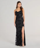 Turn heads at Prom 2025 in this black prom dress, where statement-making details meet the iconic style of the Ria Flocked Floral Velvet Slit Slim Formal Dress .