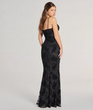Step into Prom 2025 in a black prom dress, where unique Windsor accents and the standout Ria Flocked Floral Velvet Slit Slim Formal Dress style come together.