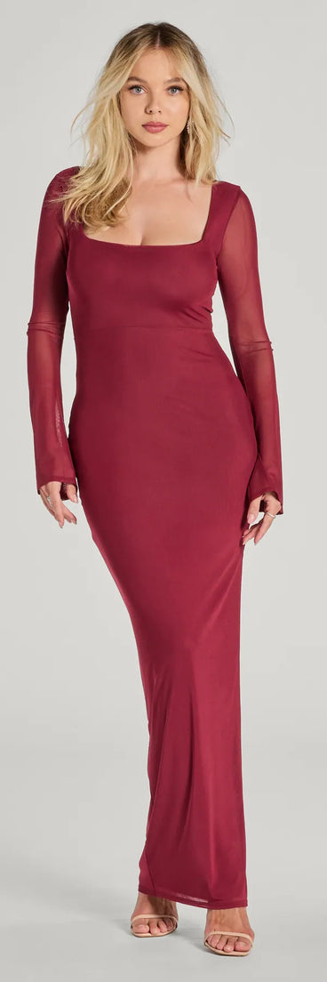 Steal the spotlight in the Becka Formal Mesh High Slit Column Dress in burgundy, a fiery pick from the red homecoming dresses collection designed for bold entrances.