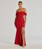 Turn heads at Prom 2025 in this red prom dress, where statement-making details meet the iconic style of the Tamara Off-The-Shoulder Mermaid Glitter Formal Dress .