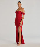 Tamara Off-The-Shoulder Mermaid Glitter Formal Dress in red, a stylish red dress with a flattering fit and fabric that adds allure to your look, perfect for wedding guest attire, cocktail events, or making a bold statement on a date night.