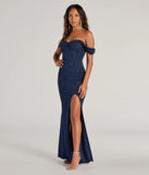 Turn heads at Prom 2025 in this navy blue prom dress, where statement-making details meet the iconic style of the Tamara Off-The-Shoulder Mermaid Glitter Formal Dress .