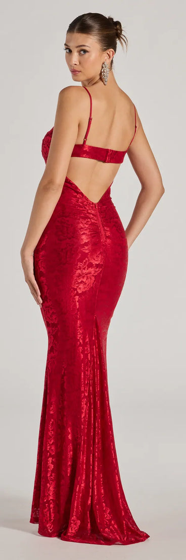 Haisley Open Back Floral Lace Mermaid Dress in red, a stylish red dress with a flattering fit and fabric that adds allure to your look, perfect for wedding guest attire, cocktail events, or making a bold statement on a date night.