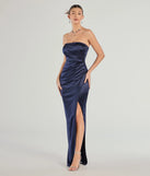 The elegant Lauren Strapless Wrap Slim Satin Formal Dress is a navy blue satin bridesmaid dress crafted with luxe fabric, ideal for modern weddings and traditional bridal parties.