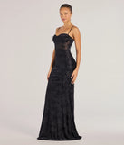 Step into Prom 2025 in a black prom dress, where unique Windsor accents and the standout Alessandra Sleeveless Flocked Velvet Mermaid Dress style come together.