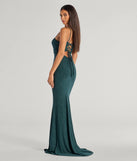 The Colleen Lace Up Mermaid Glitter Formal Dress in hunter is a stunning green prom dress designed to capture attention with its fresh or bold color and effortlessly stylish silhouette.