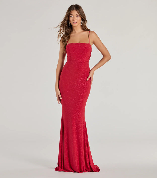Turn heads at Prom 2025 in this red prom dress, where statement-making details meet the iconic style of the Colleen Lace Up Mermaid Glitter Formal Dress .