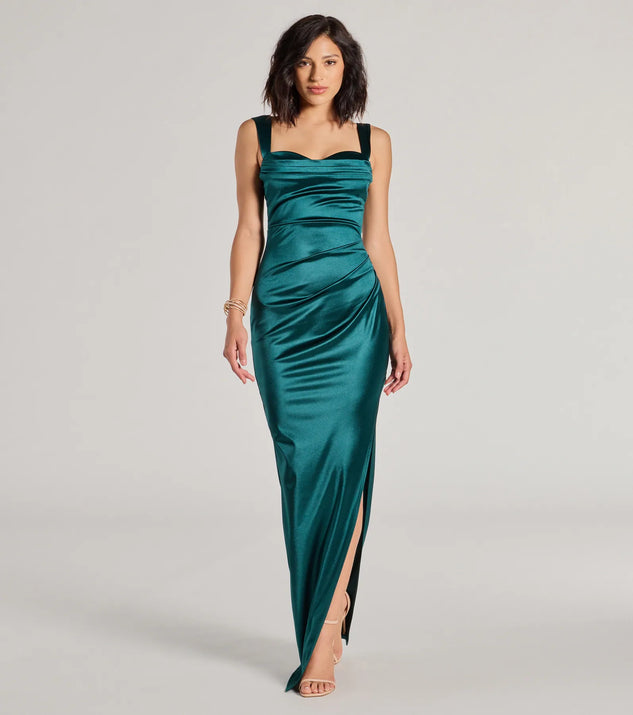Kirsten Satin Cowl Neck High Slit Formal Dress | Windsor