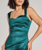 Make a bold statement in the Kirsten Satin Cowl Neck High Slit Formal Dress in hunter green, the perfect green dress for weddings, cocktail hours, nights out, and/or seasonal celebrations.