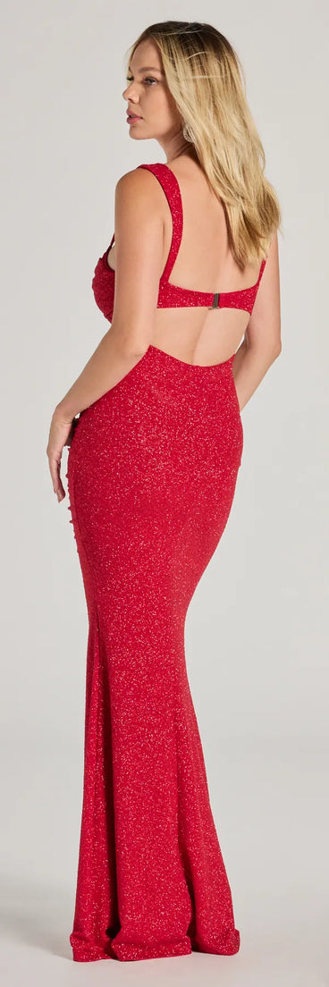 Step into Prom 2025 in a red prom dress, where unique Windsor accents and the standout Drew Open Back Glitter Mermaid Dress style come together.