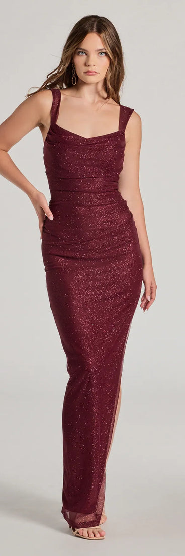 Feel instantly put-together in the Amora Glitter Mesh High Slit Column Dress in wine, a summer wedding guest dress designed for confident style and all-out celebration.