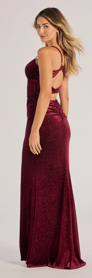 Make a statement in the Giorgina Velvet Glitter Corset Mermaid Dress in wine, a bold red prom dress designed to exude confidence, elegance, and a striking prom-night look.