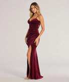 Step into Prom 2025 in a wine prom dress, where unique Windsor accents and the standout Giorgina Velvet Glitter Corset Mermaid Dress style come together.