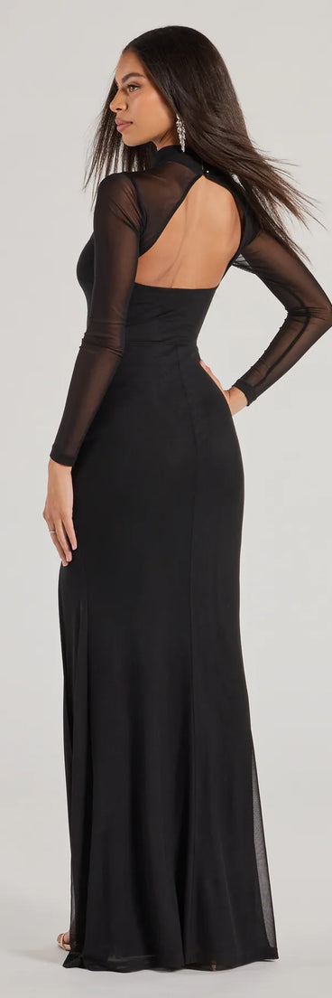Celebrate in style with the Amiri Sheer Mesh Mock Neck Cutout Mermaid Dress, a black formal wedding guest dress featuring an elegant silhouette and luxe details, perfect for a black-tie celebration.