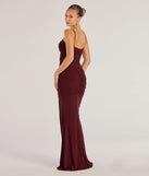 Milena Faux Pearl Mesh High Slit Mermaid Dress in burgundy, a stylish red dress with a flattering fit and fabric that adds allure to your look, perfect for wedding guest attire, cocktail events, or making a bold statement on a date night.