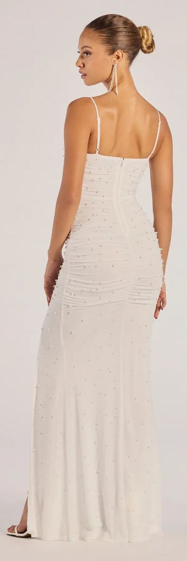 Celebrate in style with the Milena Faux Pearl Mesh High Slit Mermaid Dress, a white formal wedding guest dress featuring an elegant silhouette and luxe details, perfect for a black-tie celebration.