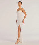Celebrate in style with the Milena Faux Pearl Mesh High Slit Mermaid Dress, a white formal wedding guest dress featuring an elegant silhouette and luxe details, perfect for a black-tie celebration.