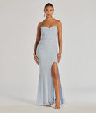 Turn heads at Prom 2025 in this light blue prom dress, where statement-making details meet the iconic style of the Mellie Faux Pearl Mesh Mermaid Long Formal Dress .