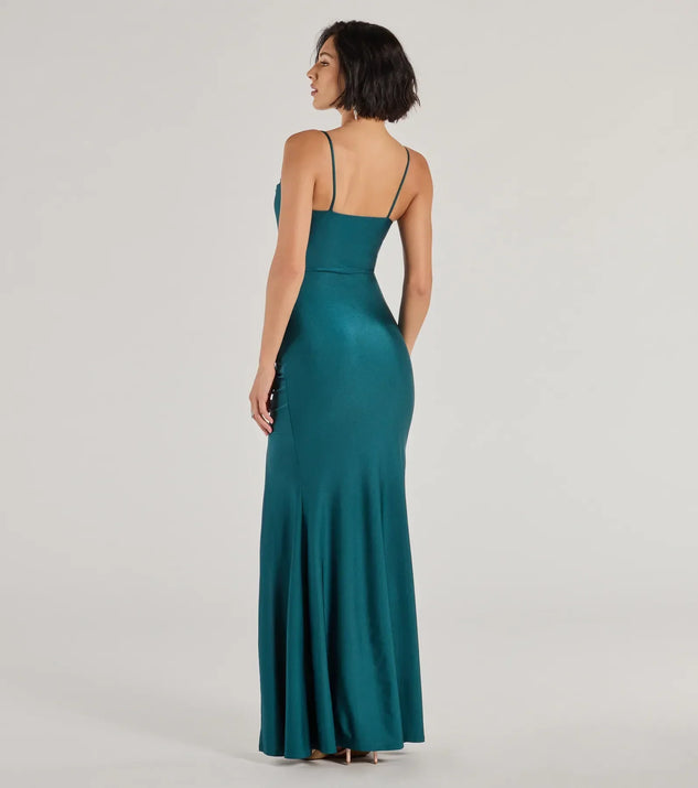 knee length dresses for ladies Glitters Blue Sequin Cowl Neck Mermaid Long Formal Dress – Dressesforparty main image 0