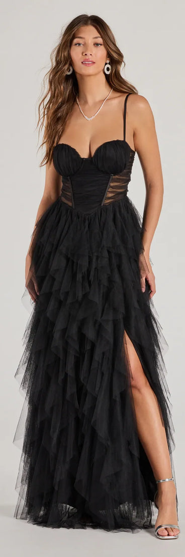 Turn heads at Prom 2025 in this black prom dress, where statement-making details meet the iconic style of the Aletta Long Sleeveless Ruffled A-Line Dress .