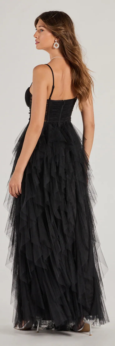 Revamp your 2025 wardrobe with this chic addition, the Aletta Long Sleeveless Ruffled A-Line Dress in black, perfect for elevating your style in the new year.