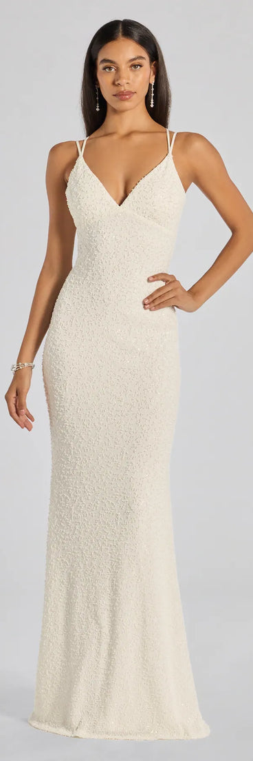 A stunning pick for an engagement photoshoot outfit or autumn wedding guest dress, this fall formal dress showcases the Danni Lace-Up Beaded Lace Column Dress in white with a graceful silhouette that captures the moment.