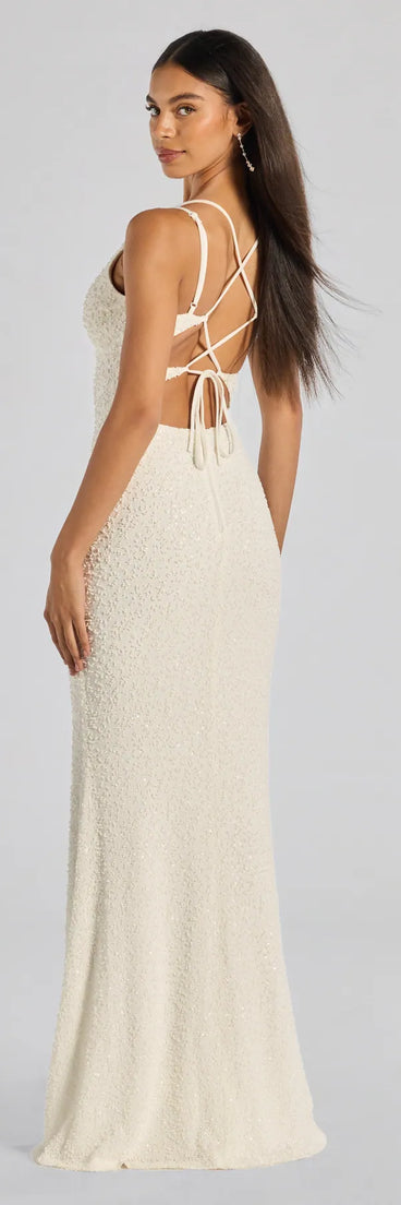 Make the big day unforgettable with the Danni Lace-Up Beaded Lace Column Dress, a gorgeous white bridesmaid dress that balances elegance and affordability.