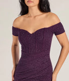 Step into Prom 2025 in a purple prom dress, where unique Windsor accents and the standout Mimi Off The Shoulder Glitter Mermaid Corset Dress style come together.
