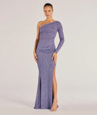 Turn heads at Prom 2025 in this slate prom dress, where statement-making details meet the iconic style of the Arianne One-Shoulder Glitter Mermaid Dress .