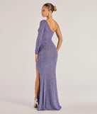Step into Prom 2025 in a slate prom dress, where unique Windsor accents and the standout Arianne One-Shoulder Glitter Mermaid Dress style come together.