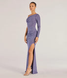Step into Prom 2025 in a slate prom dress, where unique Windsor accents and the standout Arianne One-Shoulder Glitter Mermaid Dress style come together.
