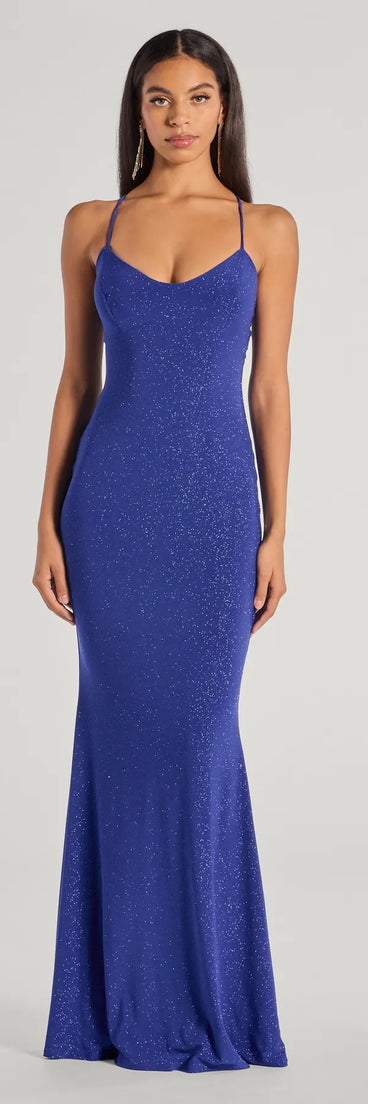 Feel instantly put-together in the Kyleigh Glitter Lace-Up Back Mermaid Dress in royal blue, a stylish wedding guest dress designed for confident style and all-out celebration.