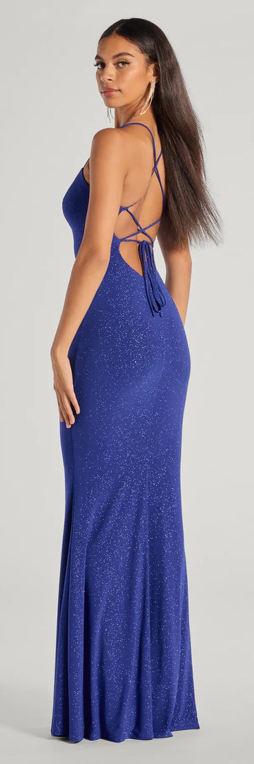 Step into the Prom 2025 dance in the Kyleigh Glitter Lace-Up Back Mermaid Dress in royal, a stunning blue prom dress designed to complement any theme with its timeless allure and statement-making style.