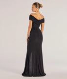 The Giada Glitter Knit Off-the-Shoulder Column Dress is a show-stopping black prom dress, offering a sleek, slimming silhouette that enhances your natural beauty for an unforgettable night.