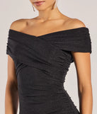 Step into Prom 2025 in a black prom dress, where unique Windsor accents and the standout Giada Glitter Knit Off-the-Shoulder Bodycon Dress style come together.