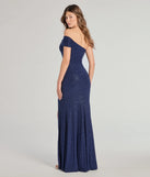 Step into the Prom 2025 dance in the Malani Glitter Knit One-Shoulder Formal Dress in navy, a stunning blue prom dress designed to complement any theme with its timeless allure and statement-making style.