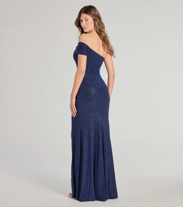 strapless open back dress Malani Glitter Knit One-Shoulder Formal Dress