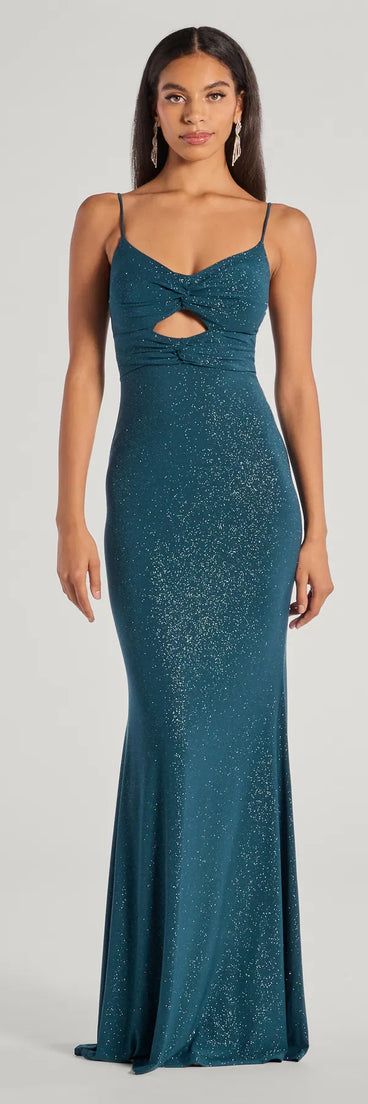 Turn heads at Prom 2025 in this hunter green prom dress, where statement-making details meet the iconic style of the Della Glitter Knit Twist-Front Cutout Mermaid Dress .