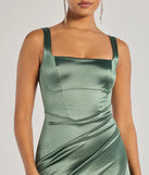 Make a bold statement in the Rebecca Satin Slim-Fit Formal Dress in sage green, the perfect green dress for weddings, cocktail hours, nights out, and/or seasonal celebrations.