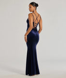 Step into the Prom 2025 dance in the Jayne Velvet Lace-Up Mermaid Corset Dress in navy, a stunning blue prom dress designed to complement any theme with its timeless allure and statement-making style.