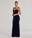 Step into Prom 2025 in a navy blue prom dress, where unique Windsor accents and the standout Jayne Velvet Lace-Up Mermaid Corset Dress style come together.