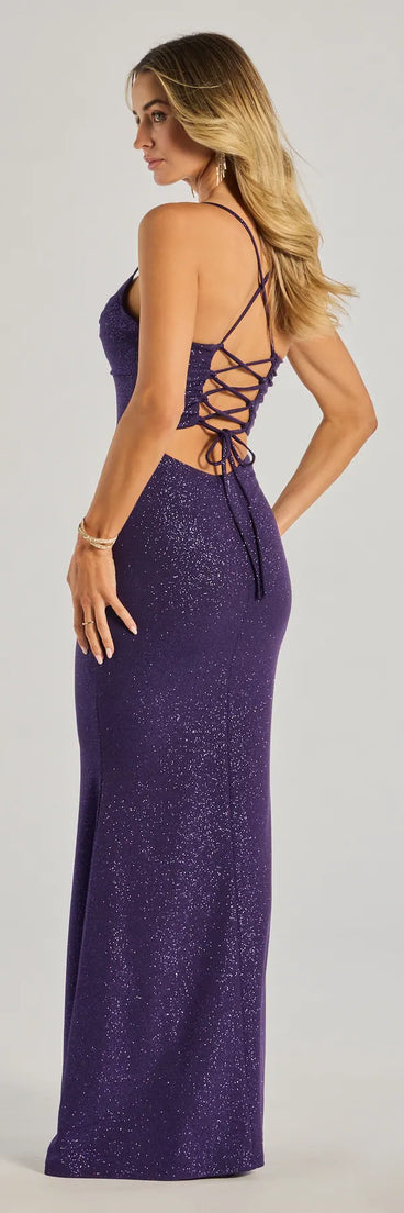 Revamp your 2025 wardrobe with this chic addition, the Rae Lace-Up Glitter Mermaid Dress in purple, perfect for elevating your style in the new year.