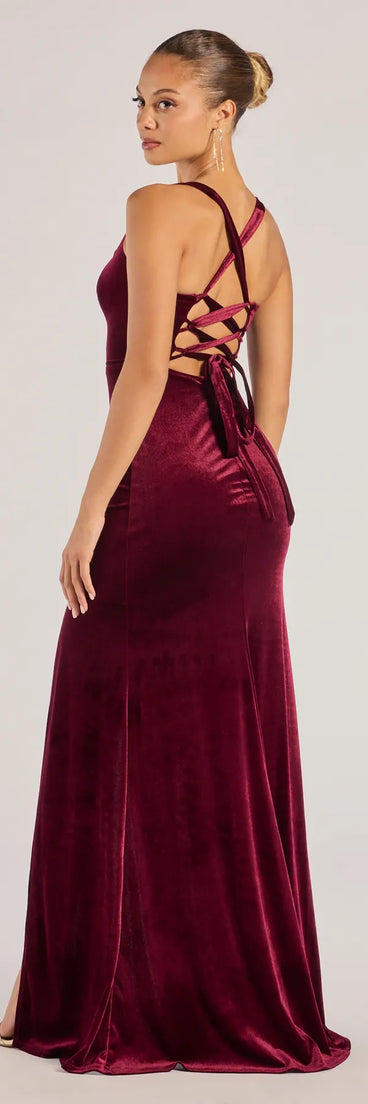 Christina Lace-Up Back Velvet Dress in burgundy, a stylish red dress with a flattering fit and fabric that adds allure to your look, perfect for wedding guest attire, cocktail events, or making a bold statement on a date night.