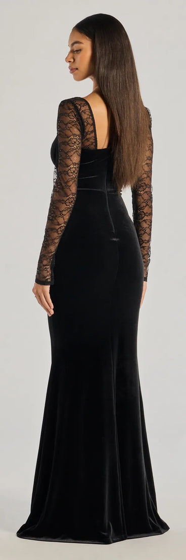 The Jaya Long Sleeve Lace And Velvet Column Dress is a show-stopping black prom dress, offering a sleek, slimming silhouette that enhances your natural beauty for an unforgettable night.