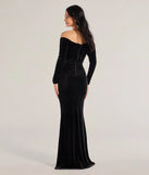 The Sonya Off-The-Shoulder Velvet Mermaid Dress is a show-stopping black prom dress, offering a sleek, slimming silhouette that enhances your natural beauty for an unforgettable night.