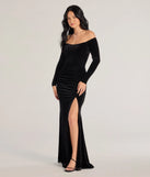 The Sonya Off-The-Shoulder Velvet Mermaid Dress is a show-stopping black prom dress, offering a sleek, slimming silhouette that enhances your natural beauty for an unforgettable night.