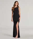 Turn heads at Prom 2025 in this black prom dress, where statement-making details meet the iconic style of the Esmé One-Shoulder High Slit Mermaid Dress .