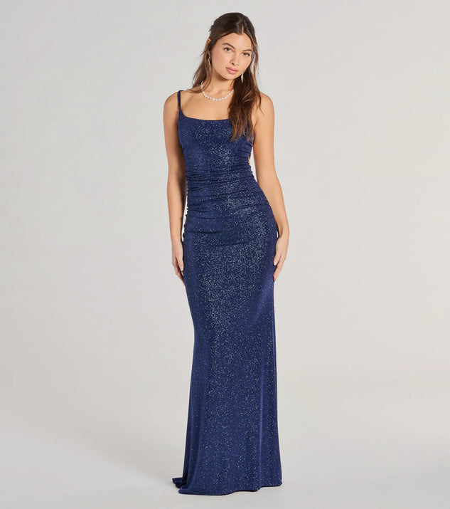 Own every entrance in the Rylie Formal Glitter Lace-Up Column Dress, a navy blue party dress perfect for milestone birthdays and grad parties, or dancing through summer nights and unforgettable bachelorette celebrations.