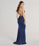 Own every entrance in the Rylie Formal Glitter Lace-Up Column Dress, a navy blue party dress perfect for milestone birthdays and grad parties, or dancing through summer nights and unforgettable bachelorette celebrations.