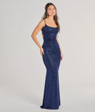 Own every entrance in the Rylie Formal Glitter Lace-Up Column Dress, a navy blue party dress perfect for milestone birthdays and grad parties, or dancing through summer nights and unforgettable bachelorette celebrations.